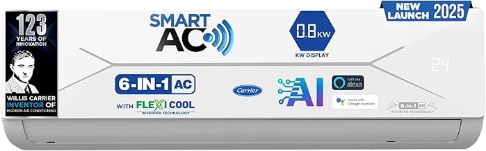 Carrier 1.5 Ton 5 Star Wi-Fi Smart Flexicool Inverter Split AC (Copper, Convertible 6-in-1 Cooling,Smart Energy Display,HD & PM 2.5 Filter, ESTER EDGE FXi (Wi-Fi),