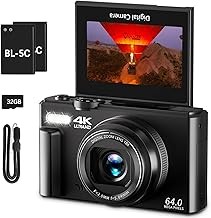 Digital Camera, 4k Cameras for Photography & Video, 64MP WiFi Touch Screen Vlogging Camera for YouTube with Flash, 32GB SD Card, Lens Hood, 3000mAH Battery, Front and Rear Cameras - Black