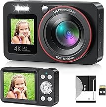64MP Compact DSLR 4K with 16X Digital Zoom Dual Screen Camera for Photo, Video and Selfie with Audio, 32GB SD Card, Anti-Shake, Rechargeable Point and Shoot Camera for Kids and Adults - Black